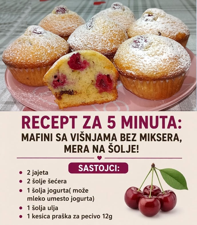 RECEPT ZA 5 MINUTA: Mafini sa višnjama za 5 minuta, mera na šolje!!! - featured image RECEPT ZA 5 MINUTA: Mafini sa višnjama za 5 minuta, mera na šolje!!! - featured image